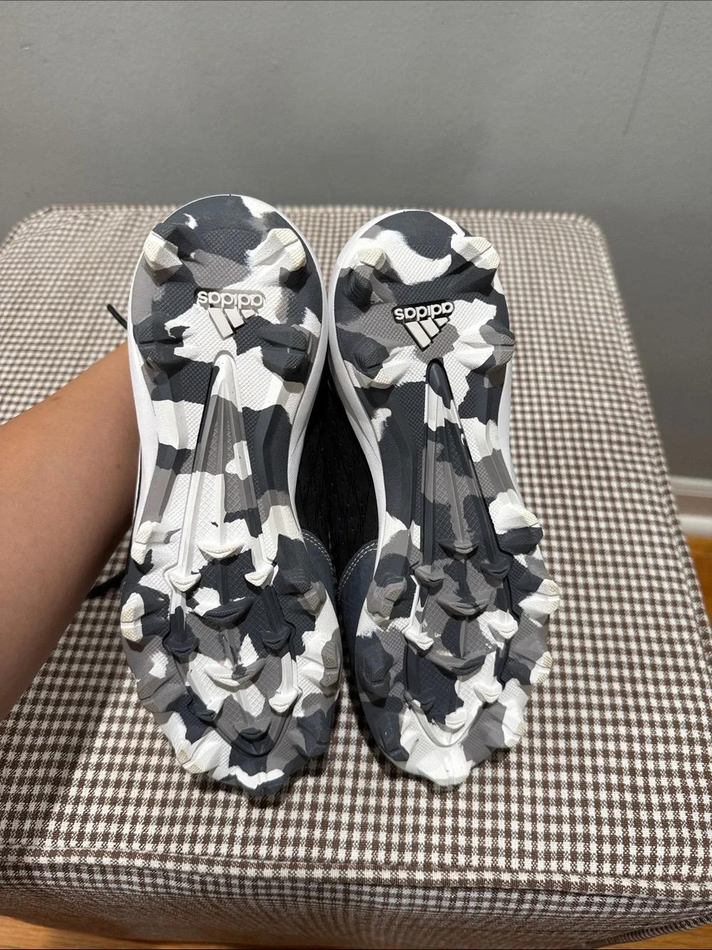 Black Adidas Sneakers cleats with White Stripes and Camo Lining
